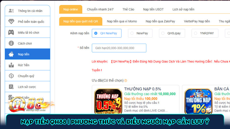 Nạp tiền QH88 | Phương thức và điều người nạp cần lưu ý